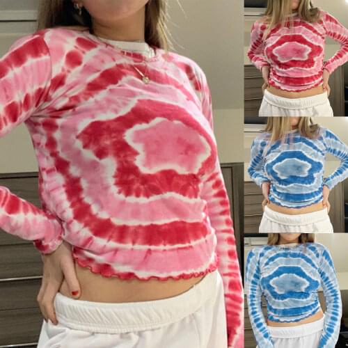 Women’s Casual Long Sleeve T-shirt Fashion Tie-dye Round Neck Exposed Navel Wavy Tops