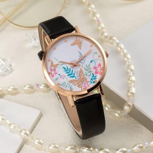 Simple Female Dress Wristwatches Classical Design Printed Butterfly Luxury Women Fashion Watches Ladies Quartz Leather Watch