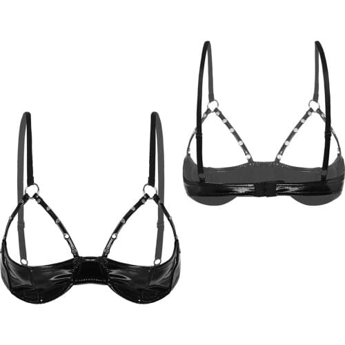 Womens Ladies Sexy Open Cup Bra Sissy Bras Crop Tops Shiny Patent Leather Bra with Rivet Strap Underwire Breast Exotic Underwear