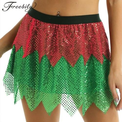 Women Ladies Green Elf Cosplay Costumes Shiny Sequins Elastic Waistband A-Line Short Dance Skirt Christmas Costume Fancy Skirt