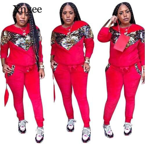 2 Piece Outfits for Women Sequin Thick Velvet Tops And Elastic Waist Pants Autumn Winter Tracksuit Women Casual Two Piece Set