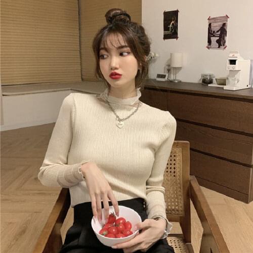 Woman Sweaters Pullover Half Turtleneck Autumn Winter Inner Wear Lace Mesh Patchwork Slim Knitted Top Femme Chandails