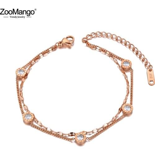 ZooMango Vintage Stainless Steel CZ Crystal Chain & Link Bracelets For Women Bohemia 5Pcs Roman Numerals Charm Bracelet ZB20147