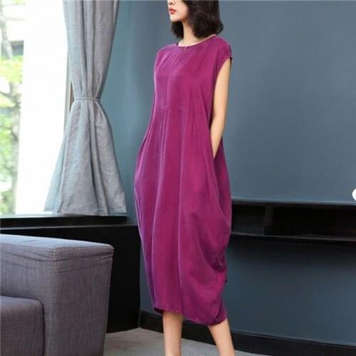 2021 New Summer Middle Aged Women Fashion Korean Loose O-neck Mid-Calf Dresses Female Casual Solid Short Sleeves Dresses K03