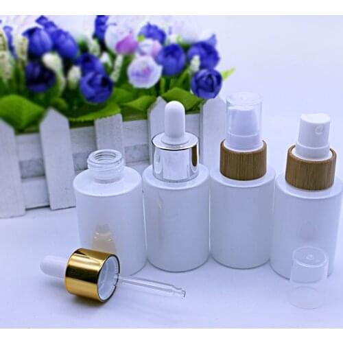 30ml pearl white glass pipette dropper bottle Perfume spray lotion pump bamboo lid cosmetic packaging container 50pcs