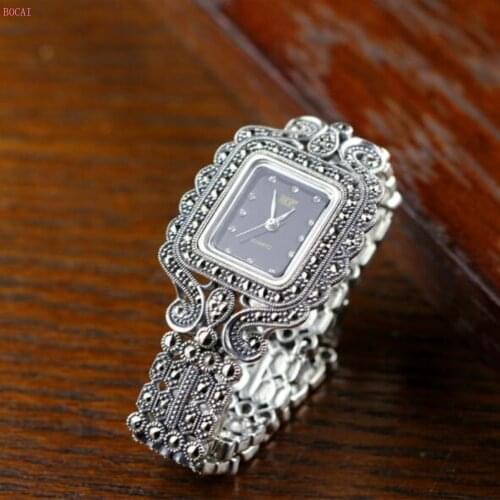 BOCAI 100% real sterling silver S925 bracelet Fashion Thai silver Hand chain jewelry pure Argentum watchband watch for women