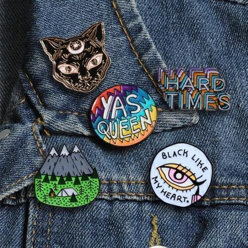Enamel Brooches Collection Adventure Pin Mountain YES QUEEN Cat HARD TIME Eye Metal Icon Women Clothes Lapel Pins Badges Jewelry