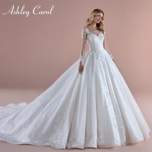 Ashley Carol A-Line Wedding Dress 2021 Long Sleeve Lace Appliques Princess Bridal Sweetheart Backless Chapel Train Bride Gowns