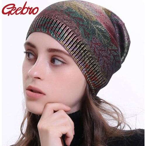 Geebro New Womens Bronzing Cashmere Beanies Hat Casual Autumn Wool Knitted Hats Ladies Metal Multicolor Print Beanie Cap DQ414M