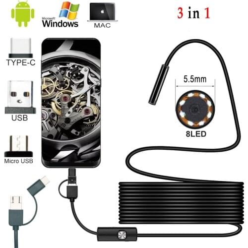 2m 1.5m 1m Mini 5.5mm Lens Snake Endoscope Camera Hard Semi-rigid Borescope Car Inspection Camera for Smartphone Android PC