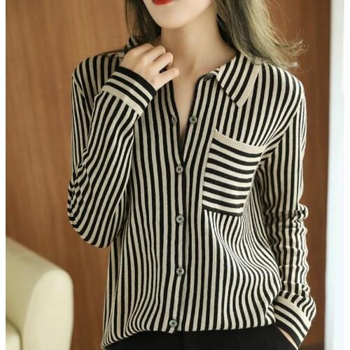 BELIAESR Early Spring New Cashmere Sweater Long-Sleeved Cardigan Woman Striped Loose Sweater Knitted Lapel Shirt Jacket Tide