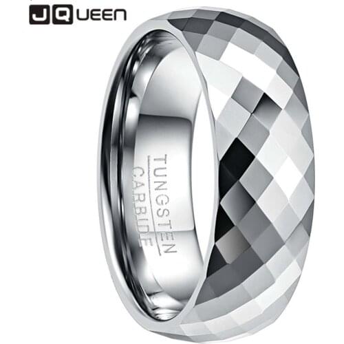 JQUEEN Mens 8mm Tungsten Carbide Ring Wedding Band Multi-Faceted High Polished Domed Comfort Fit Size 7-12 AAA Quality