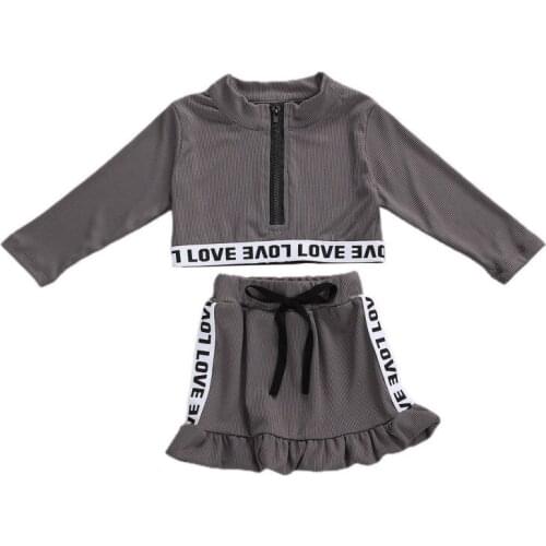Fashion Children Girls Long Sleeve Zipper Crop Tops Ruffles A-line Skirt 2PCS Kids Clothing Set for 6M-5Y