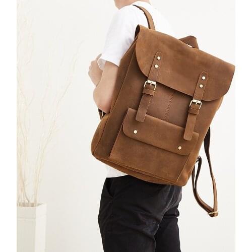 Mens Crazy Horse Leather Backpack Multifunctional Genuine Leather Laptop Rucksack Cow Leather School Bags Shoulder Bag