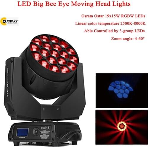 2019 Newest LED 19x15W RGBW 4in1 Bees Eyes Big Eyes Moving Head Stage Light With Zoom Rotating Aura Disco DJ Party Stage Lights