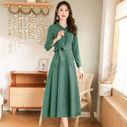 Cotton Linen Long-sleeved Dresses Retro Womens Autumn Stand Collar Mid-waist Bow Popular Dress Was Thin Big Swing Vestidos Z666