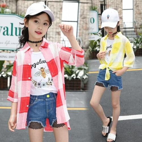 Girls Fashion Stripe Plaid Shirt Summer Beach Sun Protection Clothing Pink Yellow Teens Girls 4-14 Years Casual Blouse Tops
