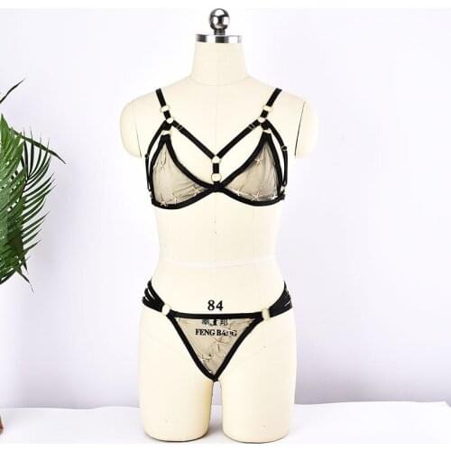 Sexy See Through Bondage Harness Lingerie Harajuku Mesh Body Cage Bralette Gothic Lace Bottom Panties Briefs Fetish Bodysuit