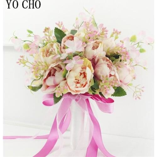 Holding Flowers Artificial Natural Peony Wedding Bouquet with Silk Satin Ribbon Pink White Champagne Bridesmaid Bridal Party