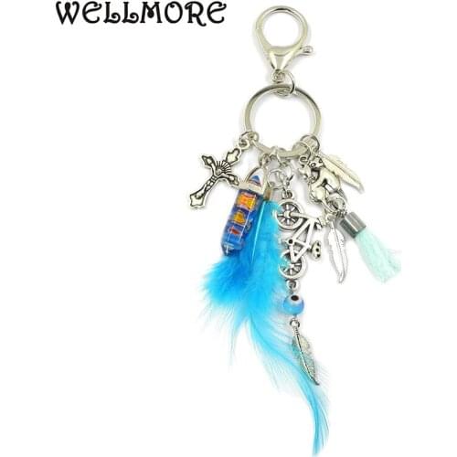 WELLMORE 2017 summer cross,bike, Eye,Natural stone, feather,tassel, alloy Key Chain For Women Girl Bag Keychain
