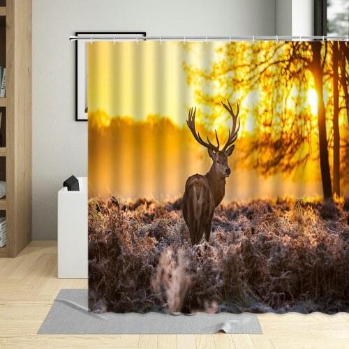 Dusk Fall Grassland Elk Shower Curtain Deers Animal Pattern Bathroom Decor Bath Curtains Waterproof Fabric With Hooks Polyester