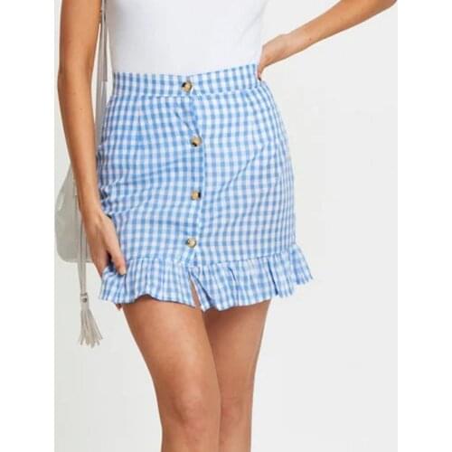 50%HOTMini Skirt Plaid Ruffled Hem Women High Waist Single-breasted Skirt for Dating