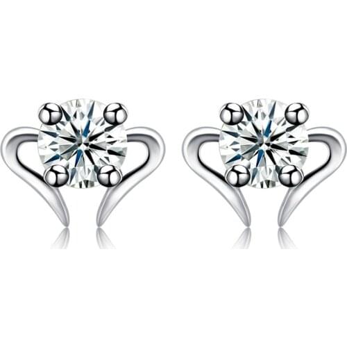 SILVERHOO Cute Heart Earrings For Women Genuine 925 Sterling Silver Clear Round 5A Cubic Zirconia Stud Earring Fine Jewelry