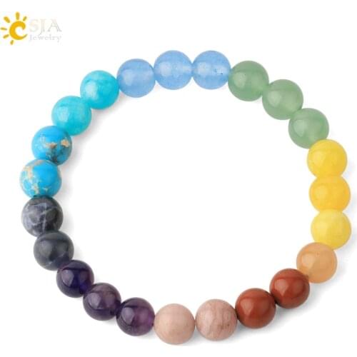 CSJA Healing 7 Chakras Bracelet for Women Natural Stone Crystal Bracelets Femme 2020 Reiki 8mm Round Beads Amulet Bangle S552