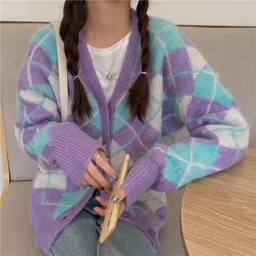 Womens Spring Autumn Diamonds Checked Sweater Coat Loose Lazy Outer Wear Plaids Knitted Cardigan Single-breasted Crop Tops 2021