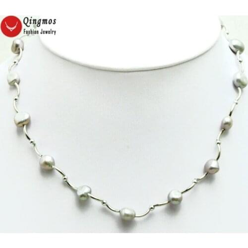 Qingmos Floating Natural Pearl Necklace for Women with 8-9mm Gray Baroque Pearl Chokers Necklace & Silver Plated Elbow Jewelry