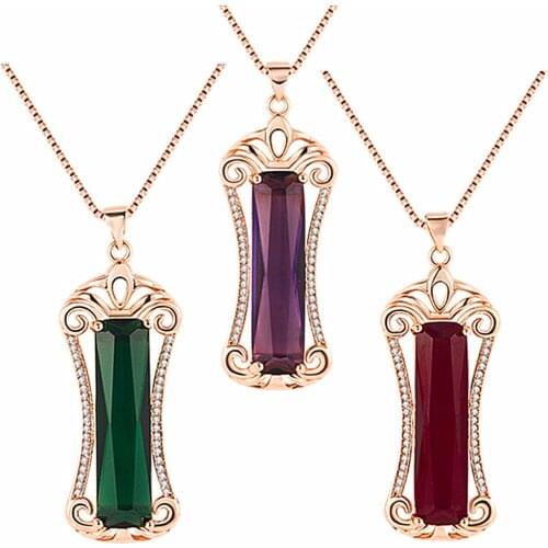 18k Rose Gold Color Pendant Necklaces for Women Crystal Ruby Emerald Zircon Diamonds Gemstones Choker Vintage Jewelry Accessory