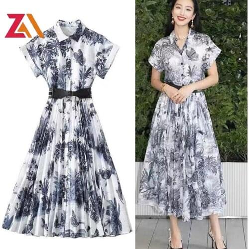 Designer Runway Holiday Women Long Dresses For Women Vintage Printed Short Sleeve Retro Lady Pleated maxi Shirt Dress Vestidos