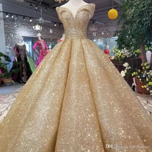 Gold Sequins Ball Gown Wedding Dresses Off Shoulder Gliter Reflective Dress Curve Shape Long Evening Dress Formal Party Wear