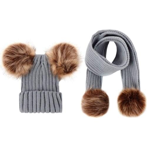 2020 Explosion Models European Style Fashion Cute Baby Double Ball Wool Hat Knitted Hat Oversized Raccoon Wool Winter Scarf Set
