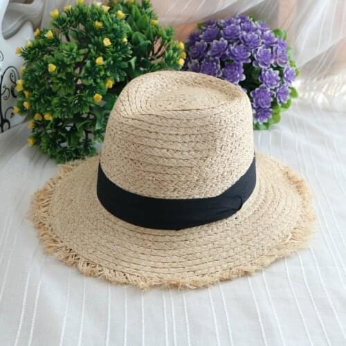 202010-shi British Style really raffia grass solid black ribbon holiday beach fedoras cap men women leisure panama jazz hat