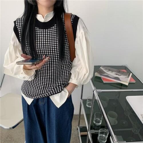 2021 early spring retro small fresh plaid knitted vest college style sweater vest