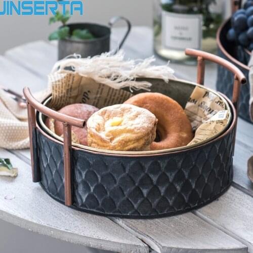 JINSERTA Vintage Fruit Bread Basket Round Antique Metal Trays with Handle Retro Desk Kitchen Storage for Home Decor