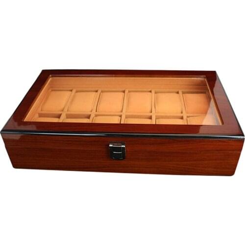 Watch Box Luxury Solid Wooden & Glass Box 12 Grids Velvet Case Watch Display