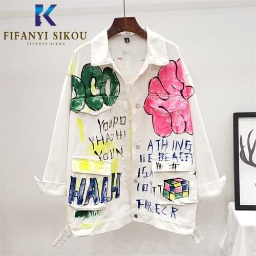 Streetwear Women White Denim Jacket Fashion Graffiti Print Long sleeve Jeans Jacket Female Loose Hip hop Jeans Coat 2020 New