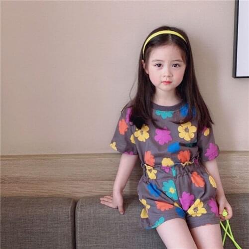 Summer cute baby girls floral clothes set fashion cotton children short sleeve Tee and Shorts 2pcs set