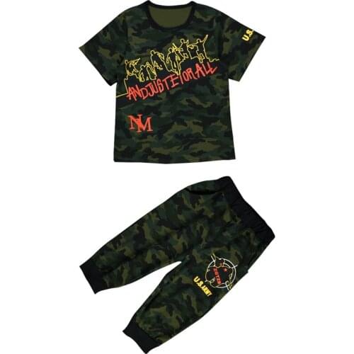Big Boys Fashion Summer Sets Camouflage Letters Loose Fit T-shirts+Shorts 2PCS Clothing Sets Hip Hop Dancer Woven Belts Sets