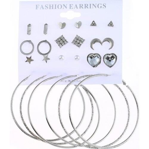 Personality Women Mixed Earrings Set of 12 Pairs Fashion Jewelry Silver Color Circle/Star/Moon/Heart/Geometric Stud Earrings