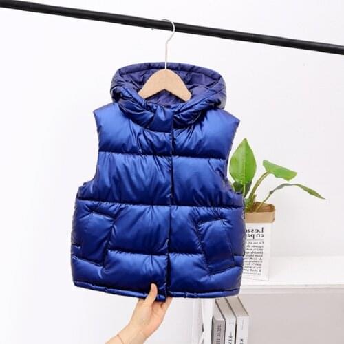 2021 new hooded bright waterproof childrens down cotton vest thickened Hooded Vest 3-12 years old childrens winter coat silver