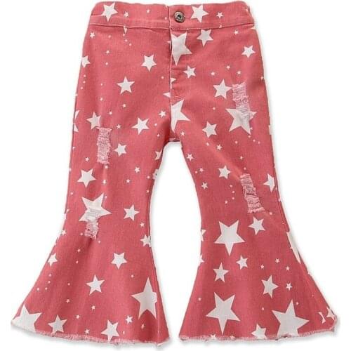 Holes Ripped Print Star Girl Flare Pants 2020 Children Toddler Kids Baby Solid Cute Long Denim Bell-Bottomed Trouser for Clothes