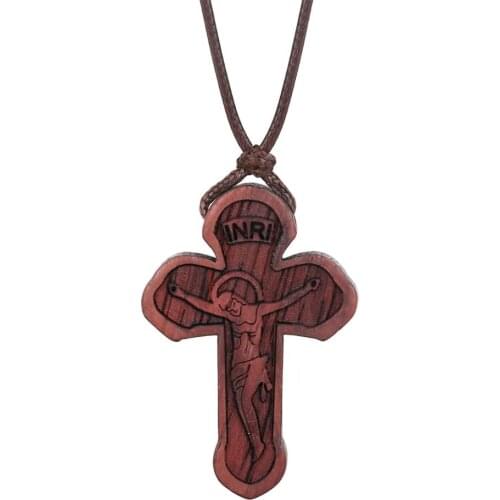 New Religious INRI Orthodox Crucifix Jesus Pendant Necklaces for Men Wood Cross Necklace Adjustable Rope Chains Jewelry