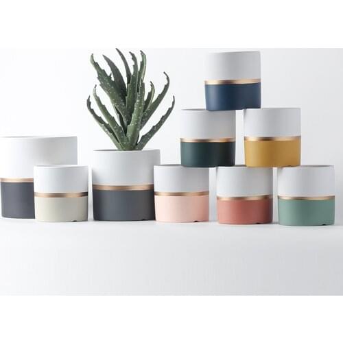 Llight Luxury Ceramic Flowerpot Golden Circle Paint Succulent Planter Green Plants Orchid Round Shape Flower Pot With Hole Tray