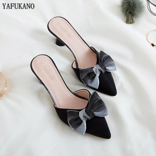 2020 Summer Womens Shoes Korean Silk Satin Pointed Bow Tie Slippers Baotou Mid Heel Sets Semi Slippers Fashion Party Slides 6cm