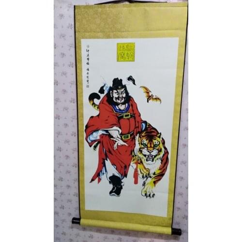 Spiritual protection Bless family Home living room WALL Decorative Zhong Kui Exorcise evil spirits talisman tiger silk painting