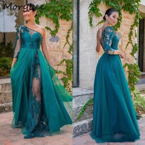 One Shoulder Evening Dresses With Sheer Back See Sheer Long Sleeves Floor Length Sweep Train A-Line Lace Applique Evening Gowns
