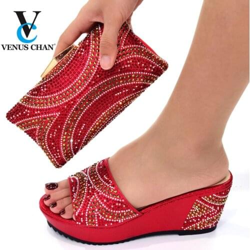 The Red Color Women Shoes and Bag Set with Shinning Ctystal High Quality New Design Shoes Matching Bag Set for Wedding Party